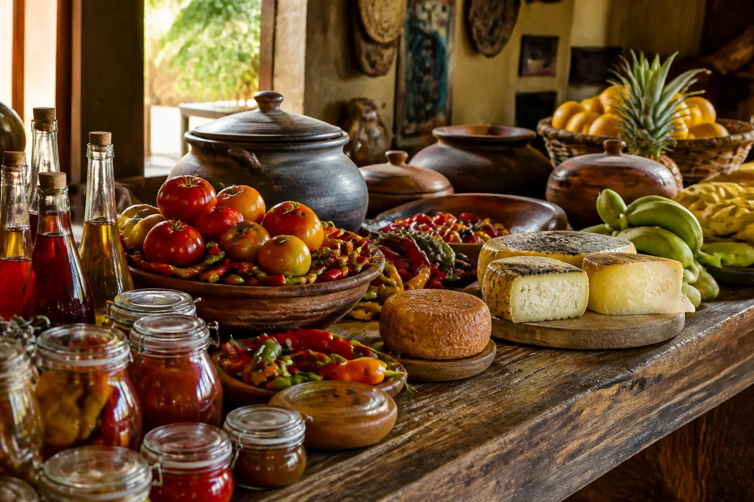 Mesa de mercado com alimentos, cerâmicas e sabores locais